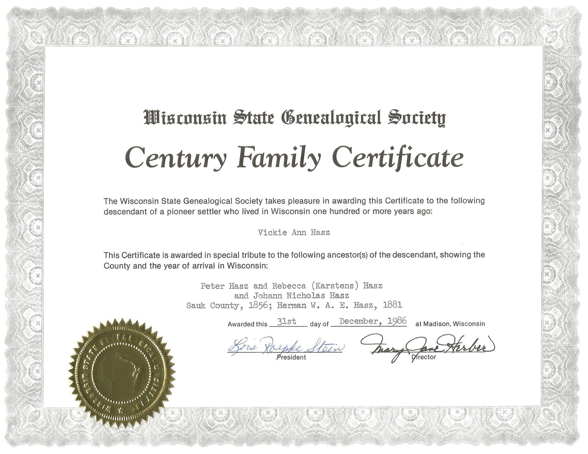 WSGS Century Family Certificate